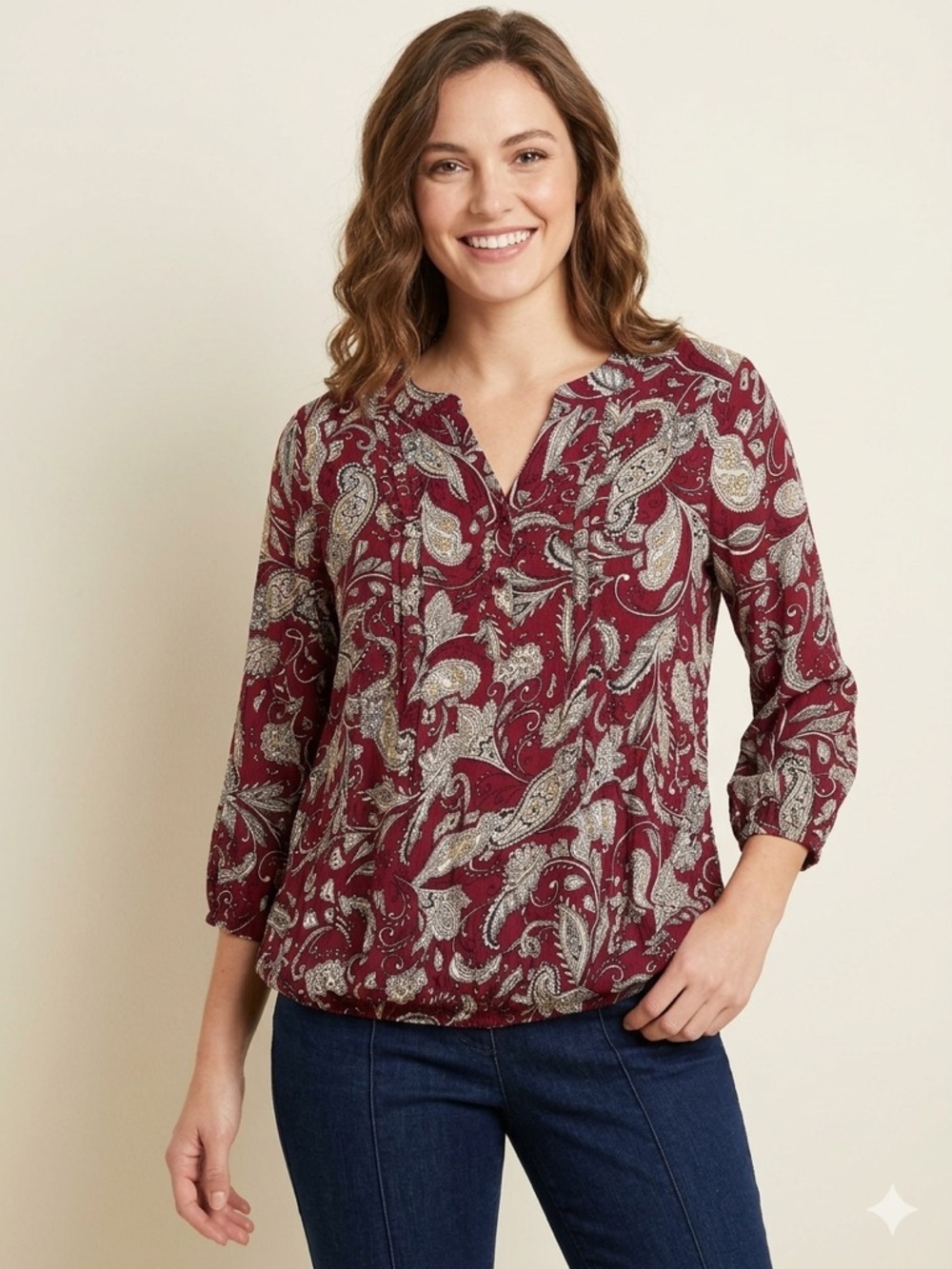 Paisley Split-Neck Blouse in Burgundy